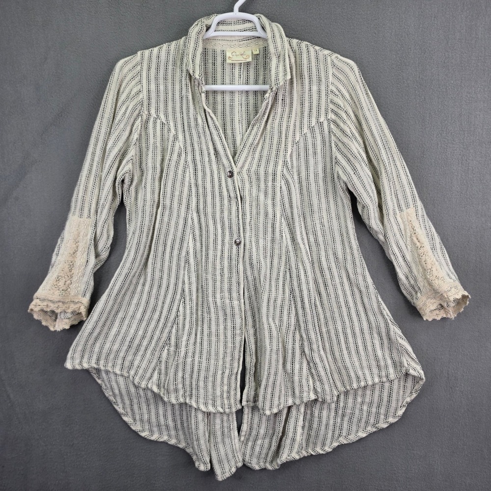 Paper Lace Linen Blouse Striped Lace Trim Cream Black 1X Plus High Low Boho